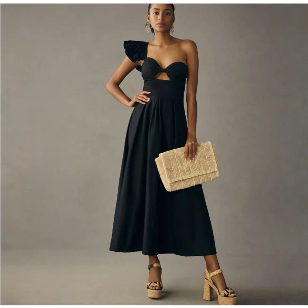 Anthropologie Eva Franco One Shoulder Pleated Black Midi Dress Cutout Ruffle 8